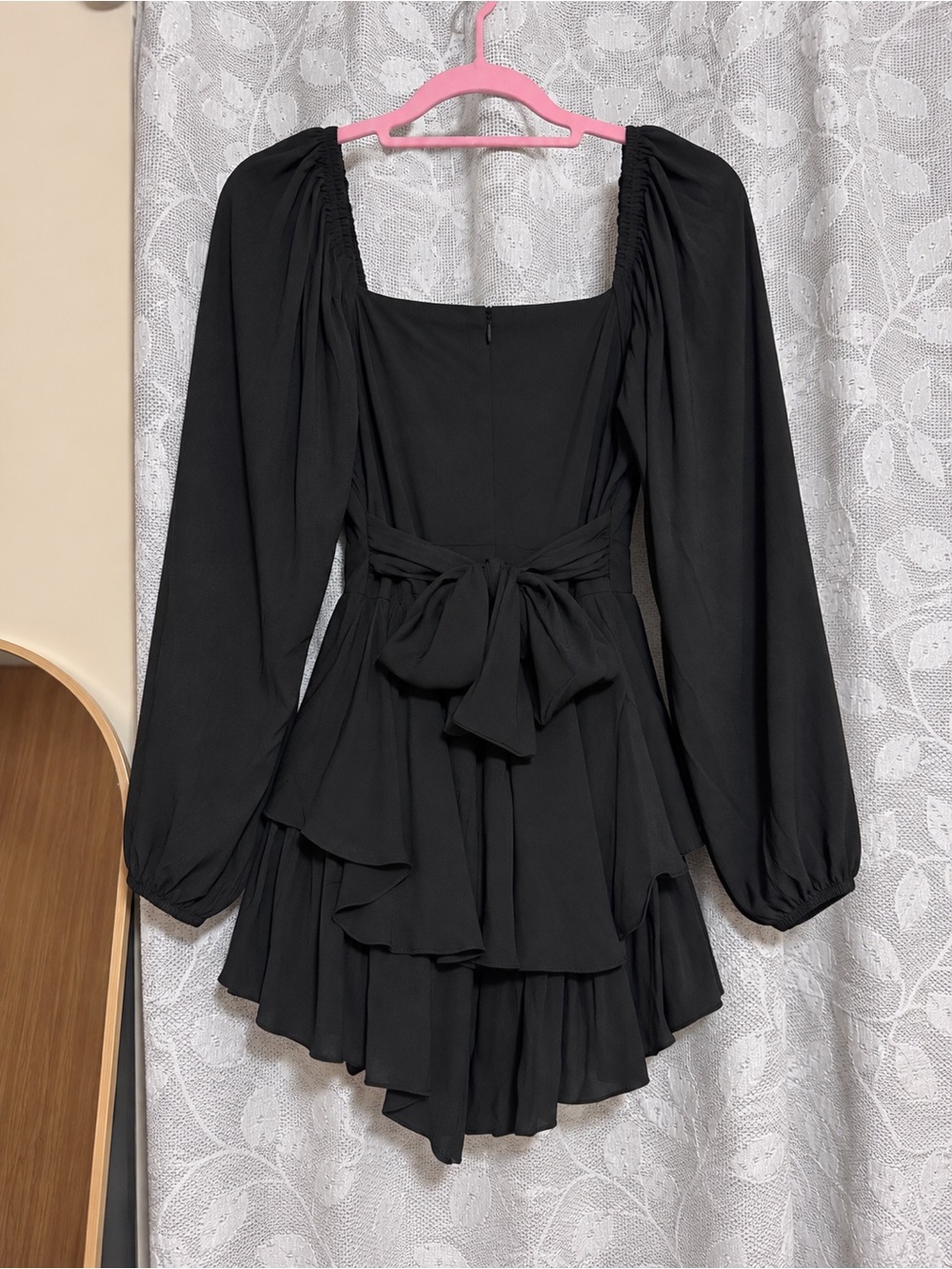 Square-Neck Black Tiered Jumpsuit with Puff Sleeves